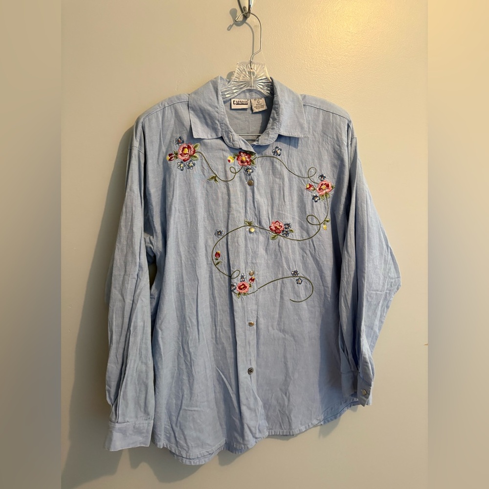 Vintage Capacity Floral Embroidery Long Sleeve Button Down Cotton Blouse Large - Picture 3 of 12